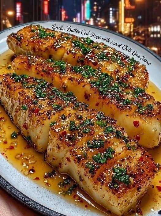 Garlic Butter Cod Strips with Sweet Chili Lime Sauce