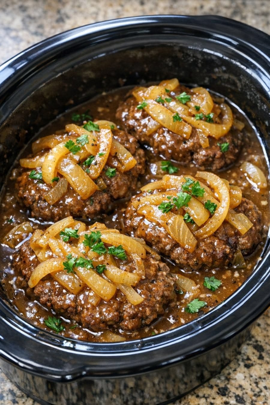 Slow Cooker Salisbury Steak with Caramelized Onions and Gravy