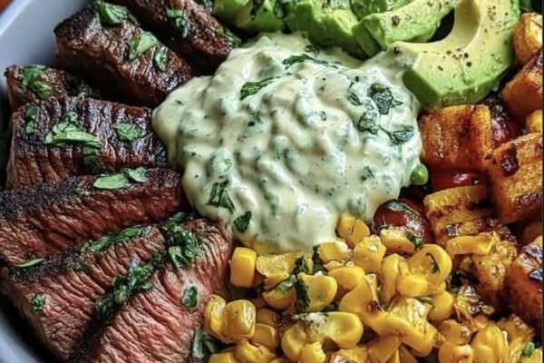 Steak Avocado Corn Bowl Recipe With Cilantro Cream Sauce
