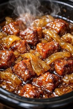 Slow Cooker BBQ Beef Bites with Caramelized Onions