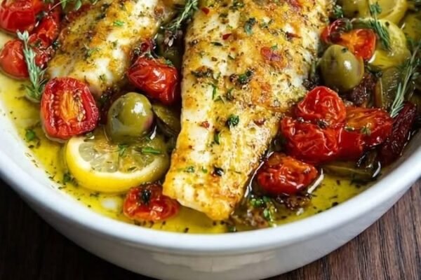 Mediterranean Baked Fish with Cherry Tomatoes, Olives, and Lemon