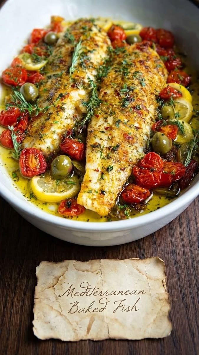Mediterranean Baked Fish with Cherry Tomatoes, Olives, and Lemon