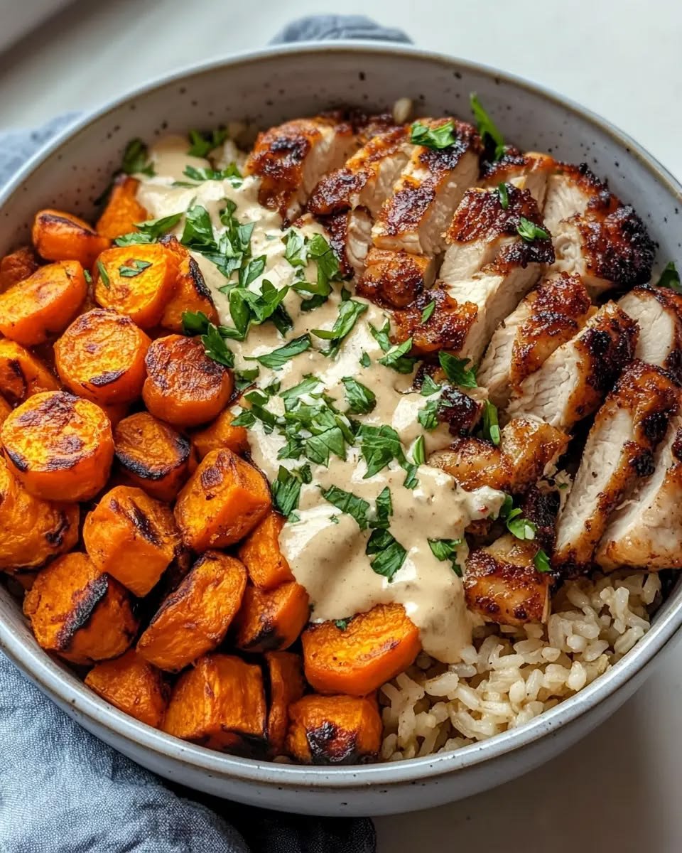 Creamy Garlic Chicken and Roasted Carrot Rice Bowl