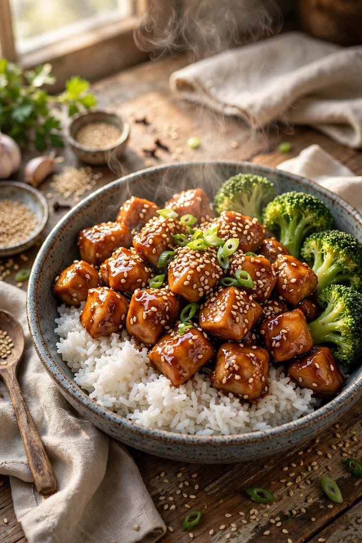 Sticky Sesame Tofu Rice Bowl with Broccoli
