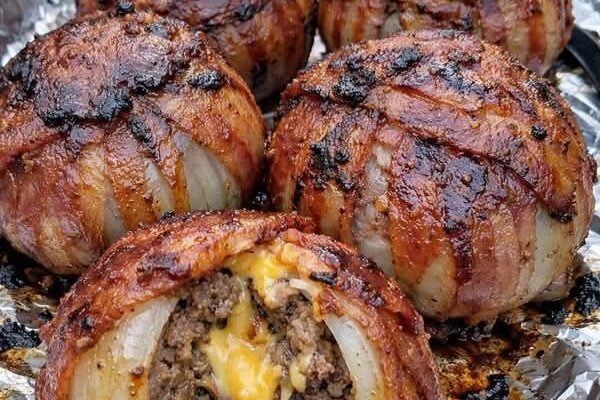 Bacon-Wrapped Stuffed Onions with Cheesy Ground Beef