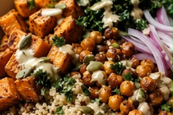 Roasted Sweet Potato & Chickpea Power Bowl with Tahini Dressing