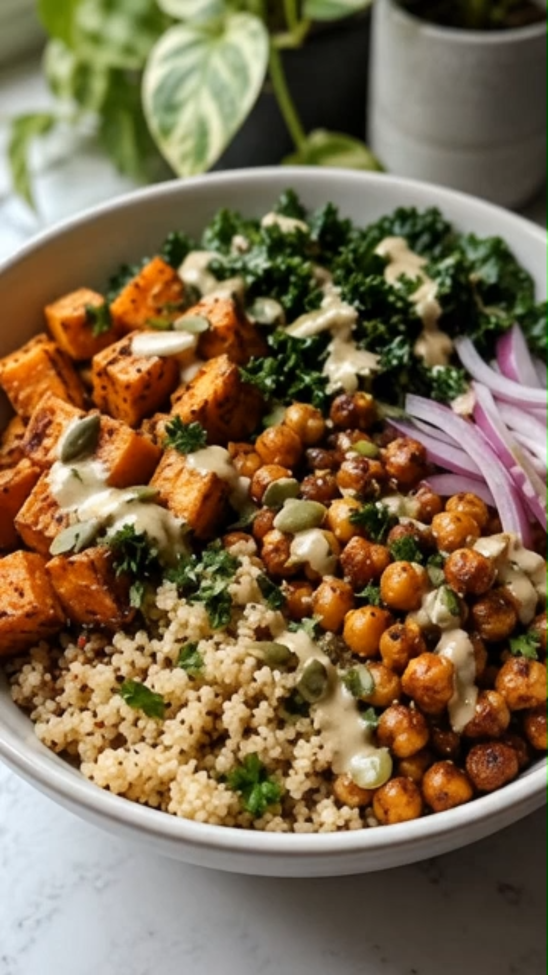 Roasted Sweet Potato & Chickpea Power Bowl with Tahini Dressing