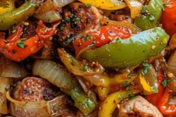 Sausage, Peppers, and Onions Over Rice
