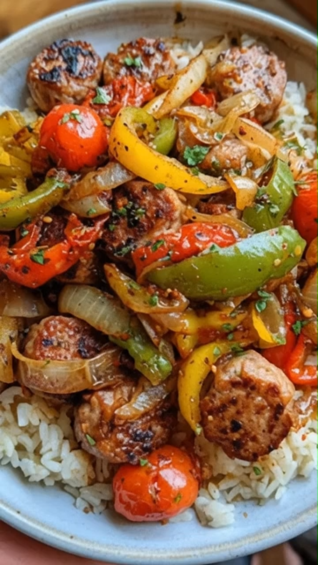 Sausage, Peppers, and Onions Over Rice
