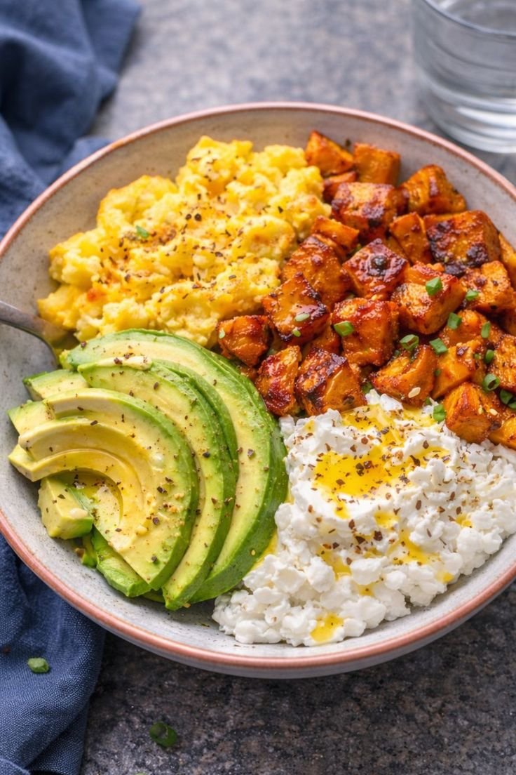 Sweet Potato Breakfast Bowl with Eggs, Cottage Cheese, and Avocado