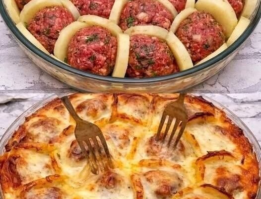 Cheesy Baked Meatballs & Potato Casserole