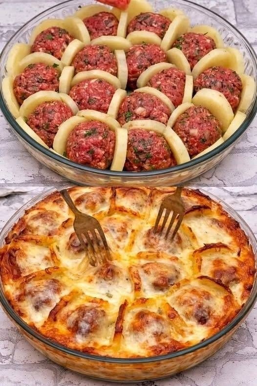 Cheesy Baked Meatballs & Potato Casserole