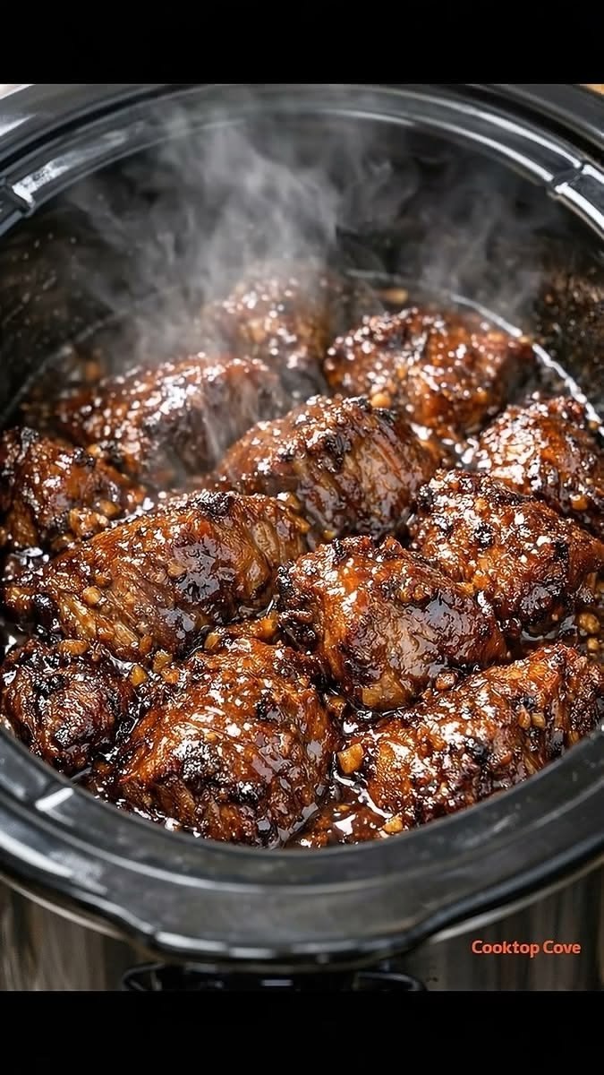 Slow Cooker Sticky Garlic Beef Bites Recipe